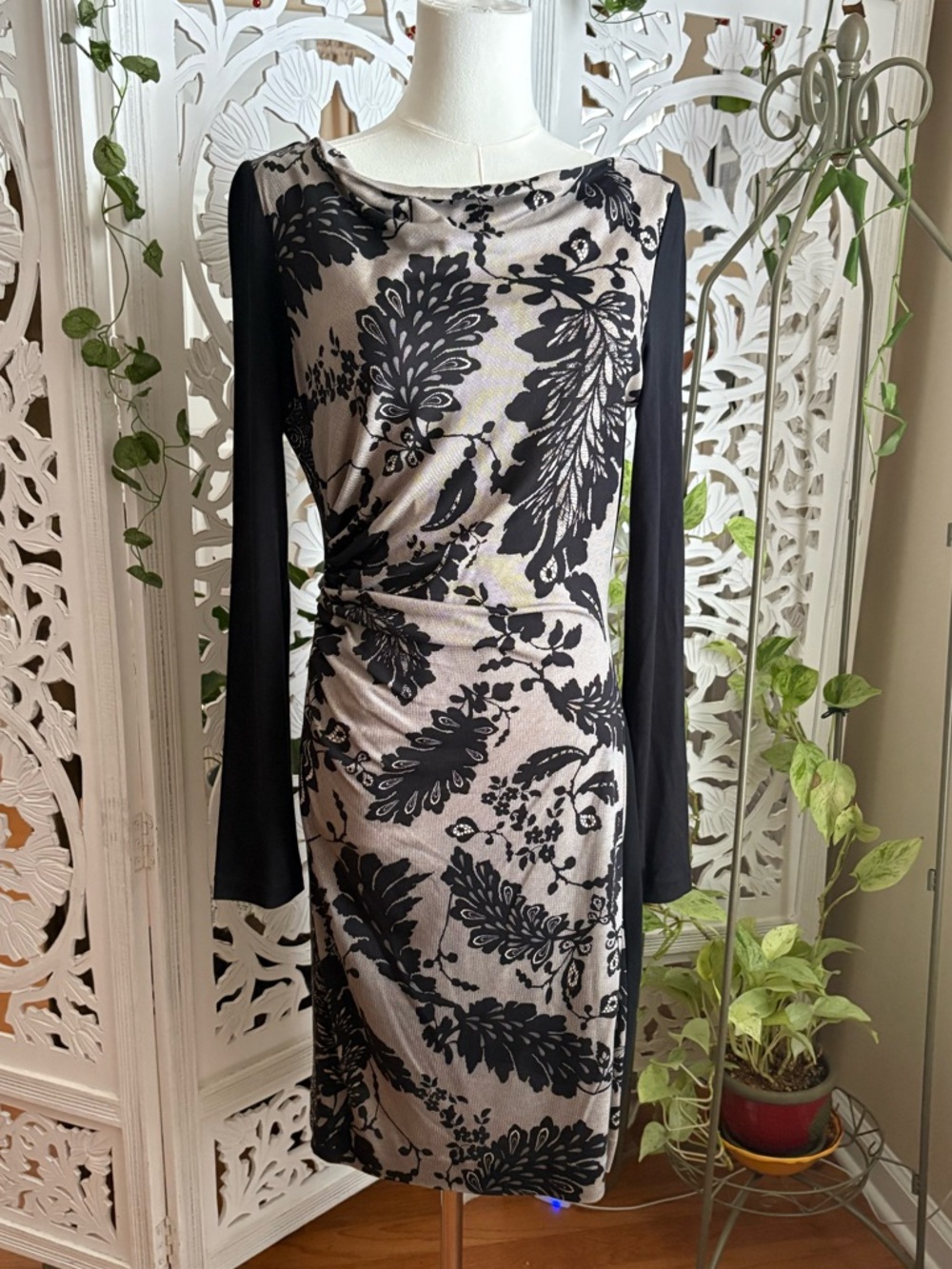 DVF Blush Sheath Dress with Black Floral Lace Overlay - Picture 2 of 5
